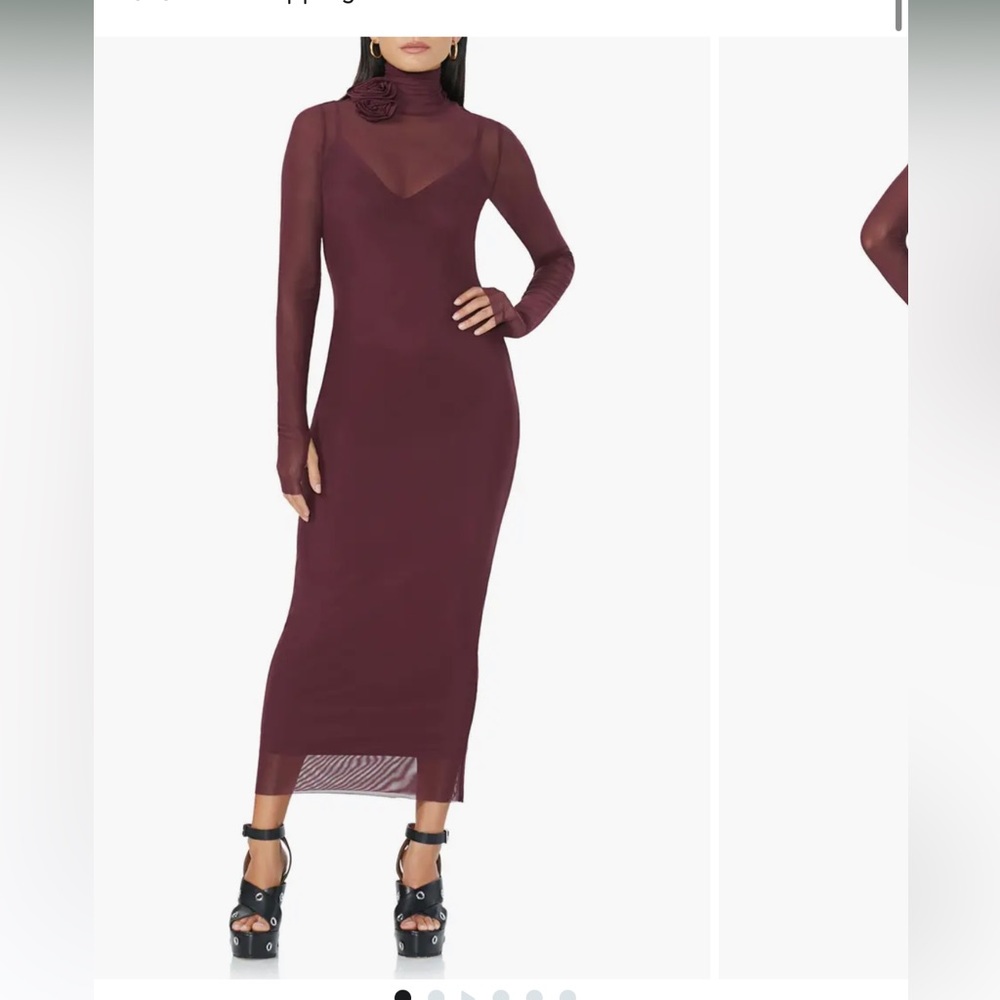 AFRM Burgundy Long-Sleeve Sheer Mock Neck Midi Dress